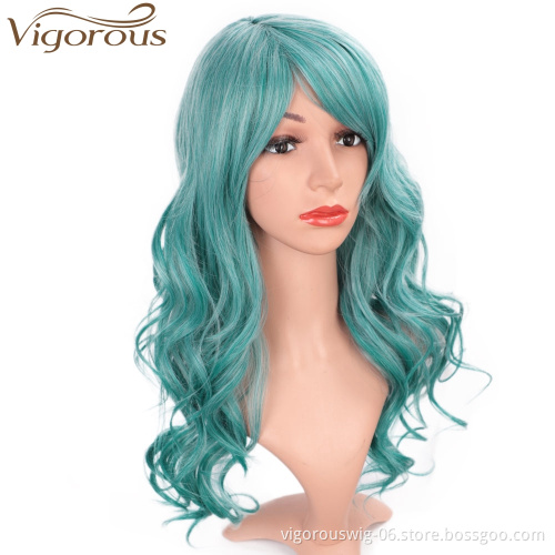 Vigorous Long Curly Lake Blue Wig for Cosplay Girls Women Heat Resistant Fiber Synthetic Hair Party Cosplay Wigs